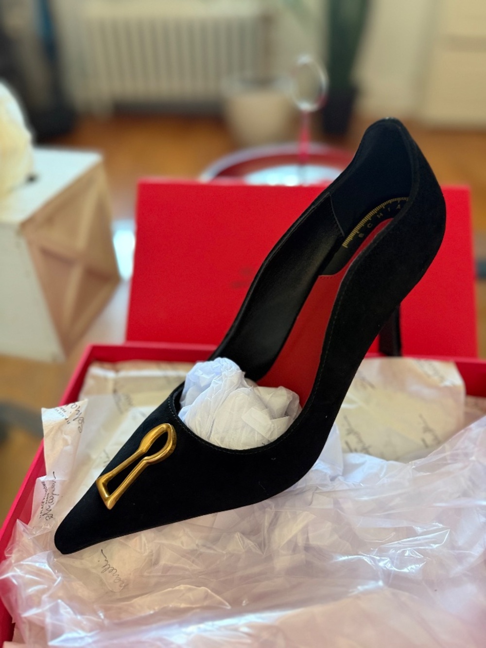 Schiaparelli Black Suede Keyhole Pumps - Picture 13 of 13